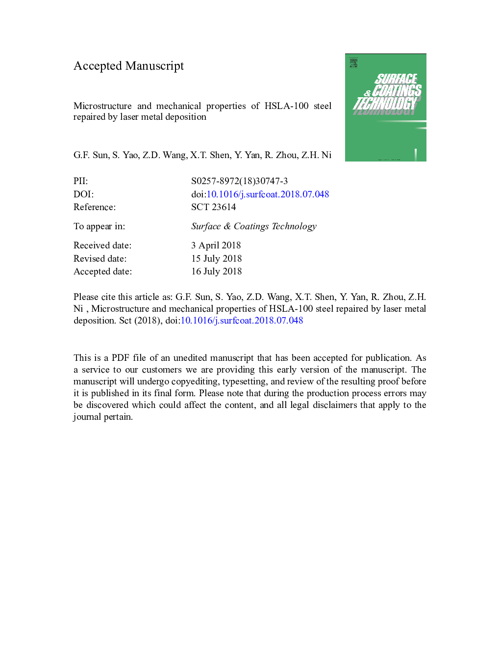 Microstructure and mechanical properties of HSLA-100 steel repaired by laser metal deposition