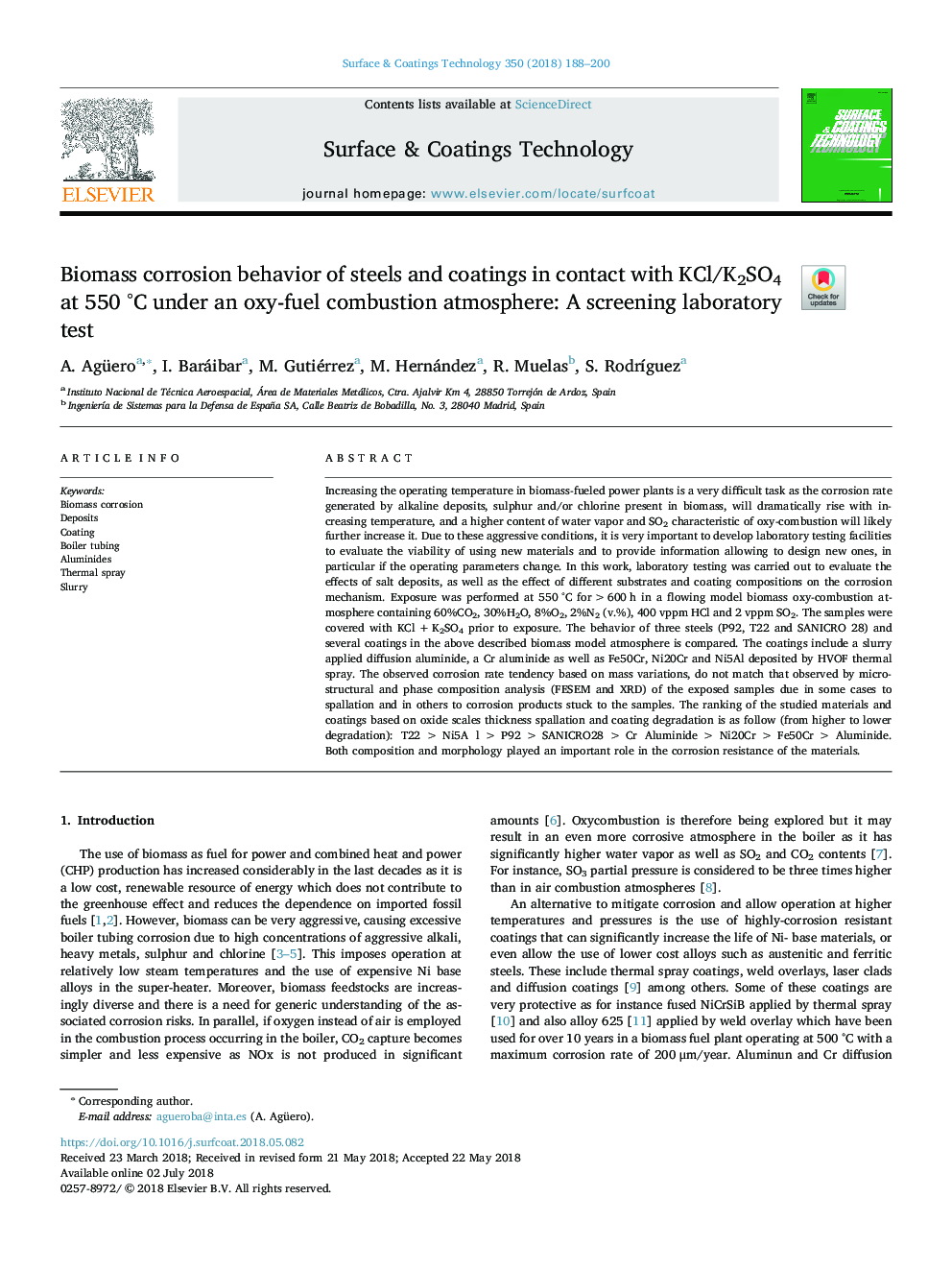 Biomass corrosion behavior of steels and coatings in contact with KCl/K2SO4 at 550Â Â°C under an oxy-fuel combustion atmosphere: A screening laboratory test