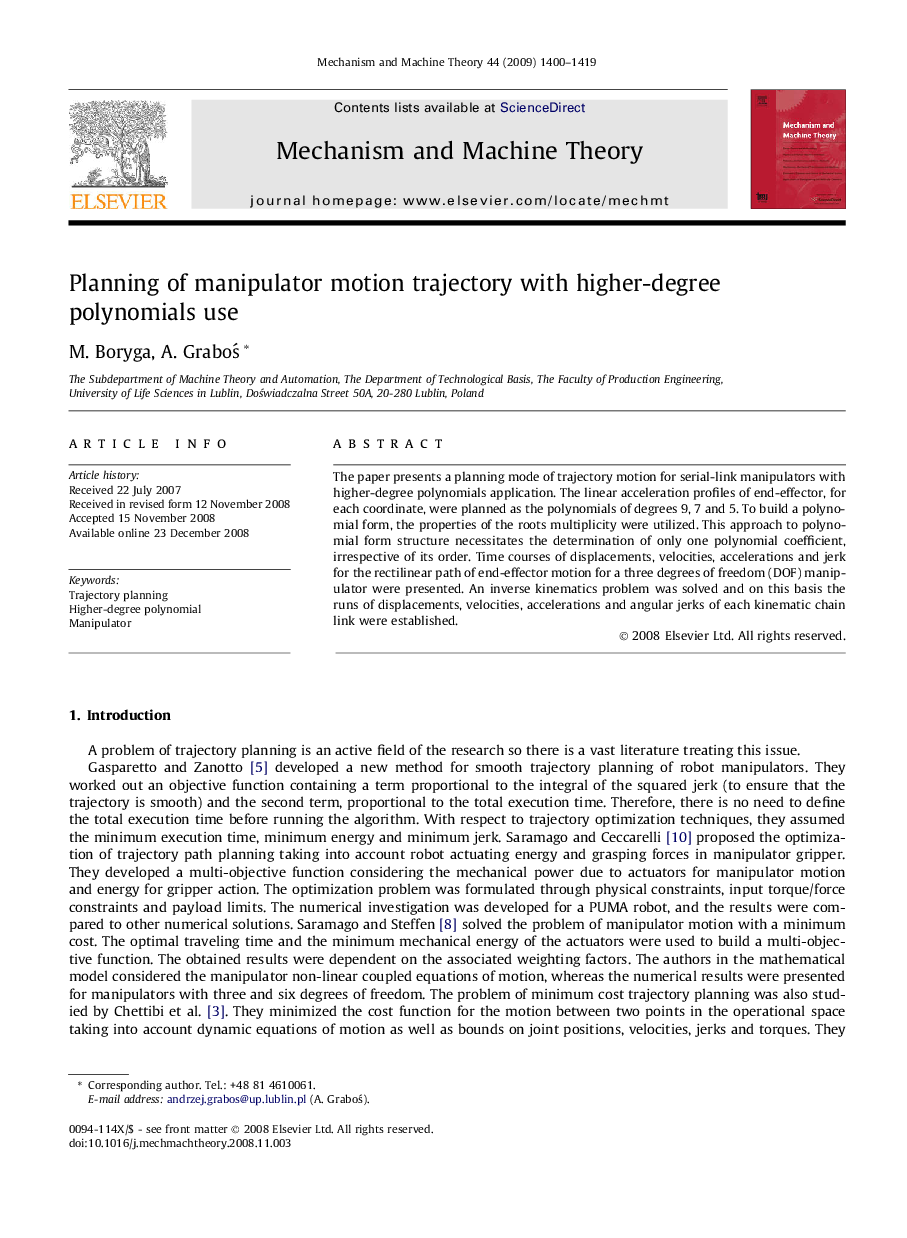 Planning of manipulator motion trajectory with higher-degree polynomials use