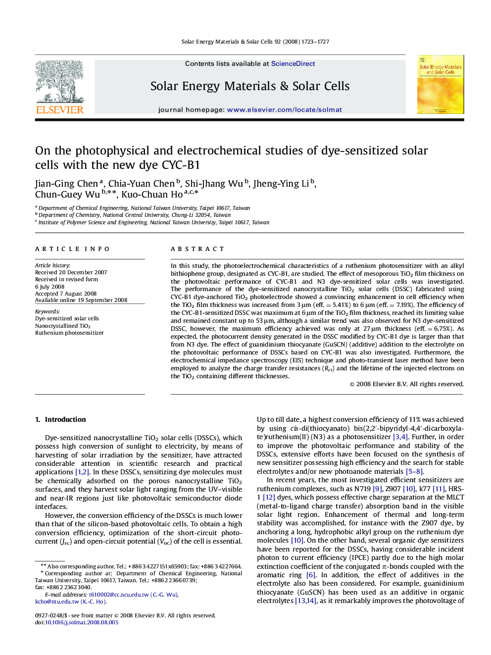 On the photophysical and electrochemical studies of dye-sensitized solar cells with the new dye CYC-B1