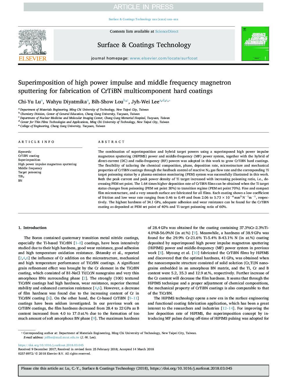 Superimposition of high power impulse and middle frequency magnetron sputtering for fabrication of CrTiBN multicomponent hard coatings