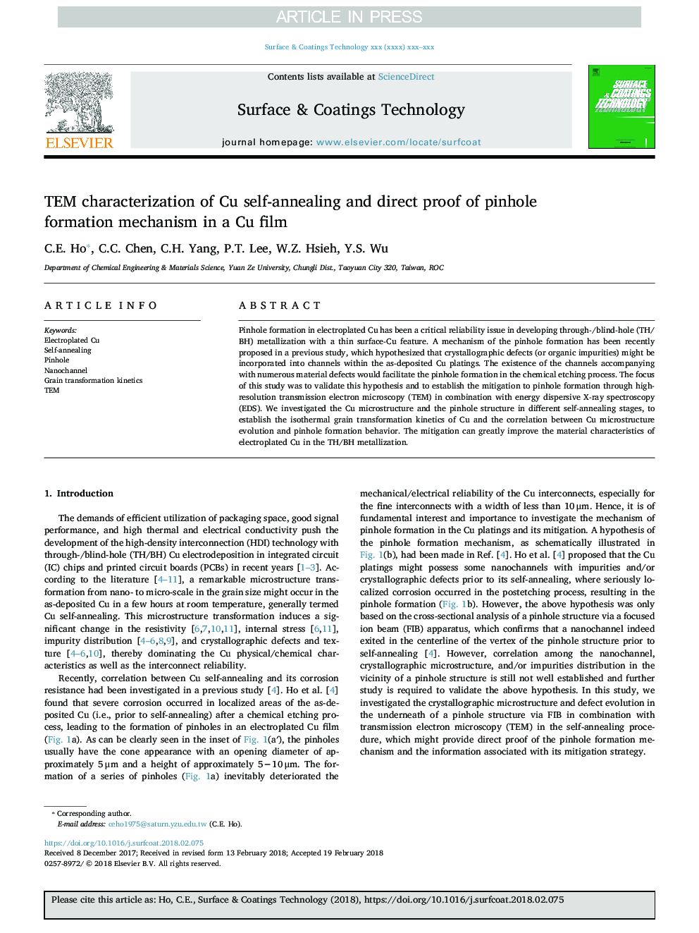 TEM characterization of Cu self-annealing and direct proof of pinhole formation mechanism in a Cu film