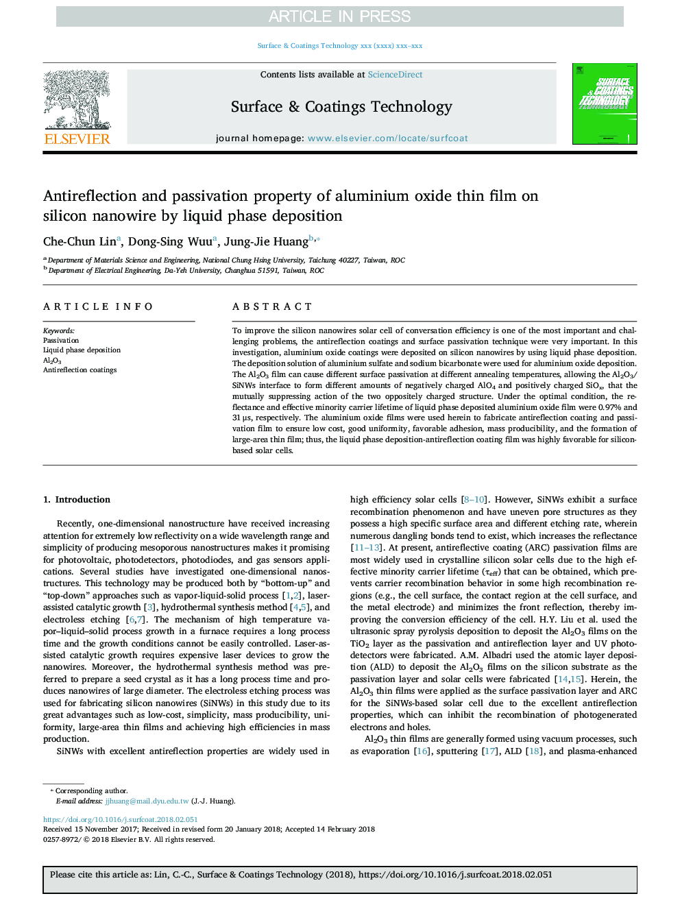 Antireflection and passivation property of aluminium oxide thin film on silicon nanowire by liquid phase deposition