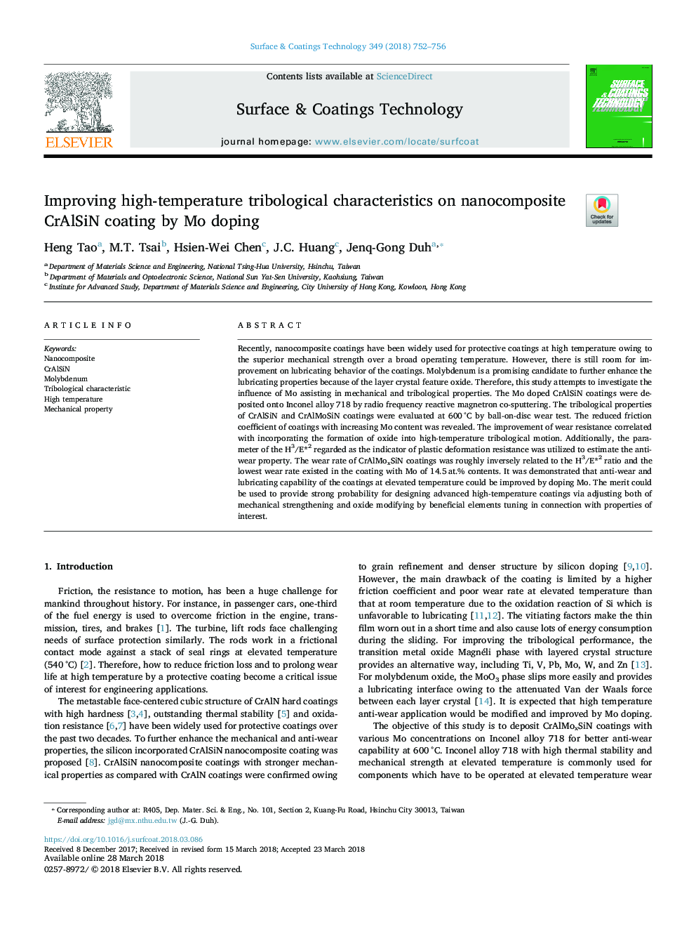 Improving high-temperature tribological characteristics on nanocomposite CrAlSiN coating by Mo doping