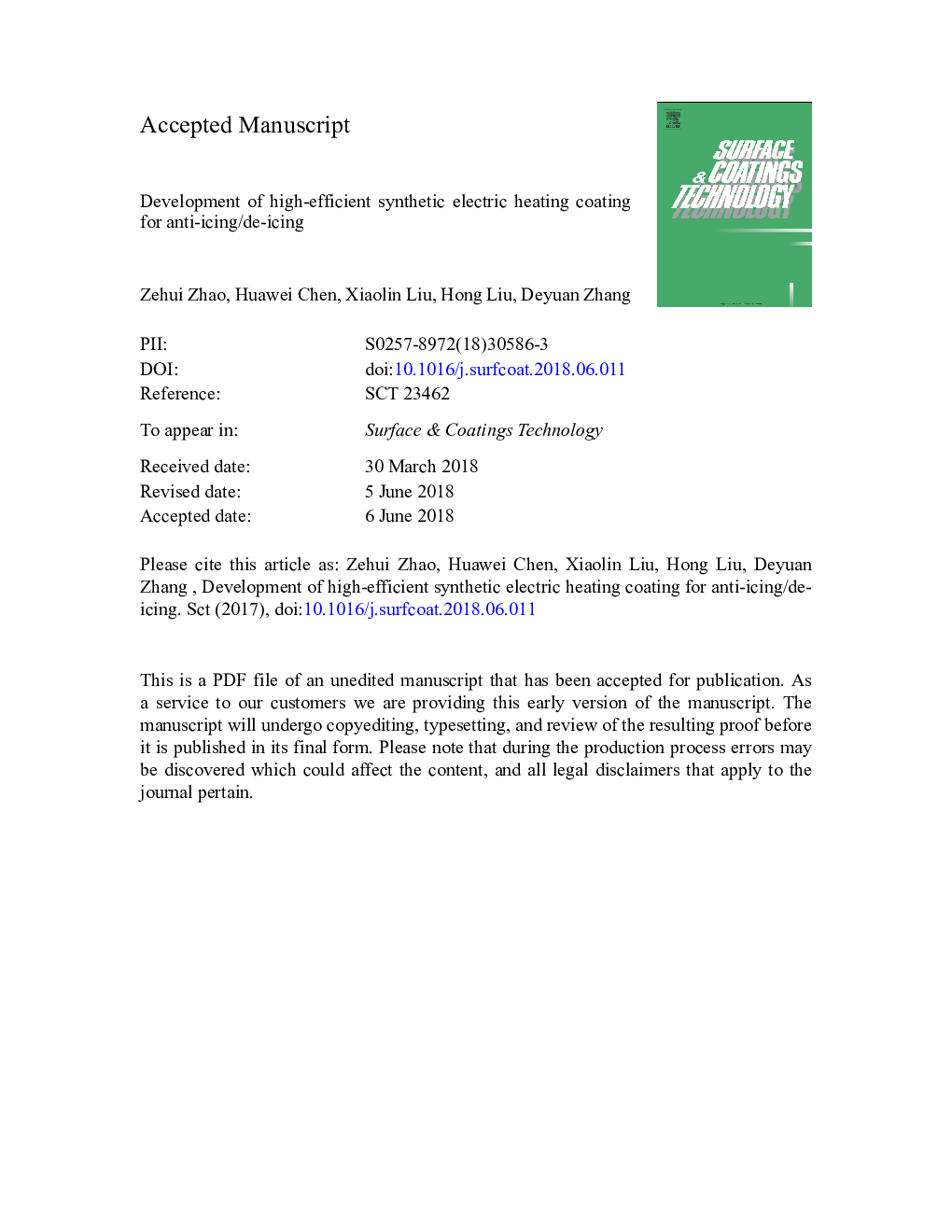 Development of high-efficient synthetic electric heating coating for anti-icing/de-icing