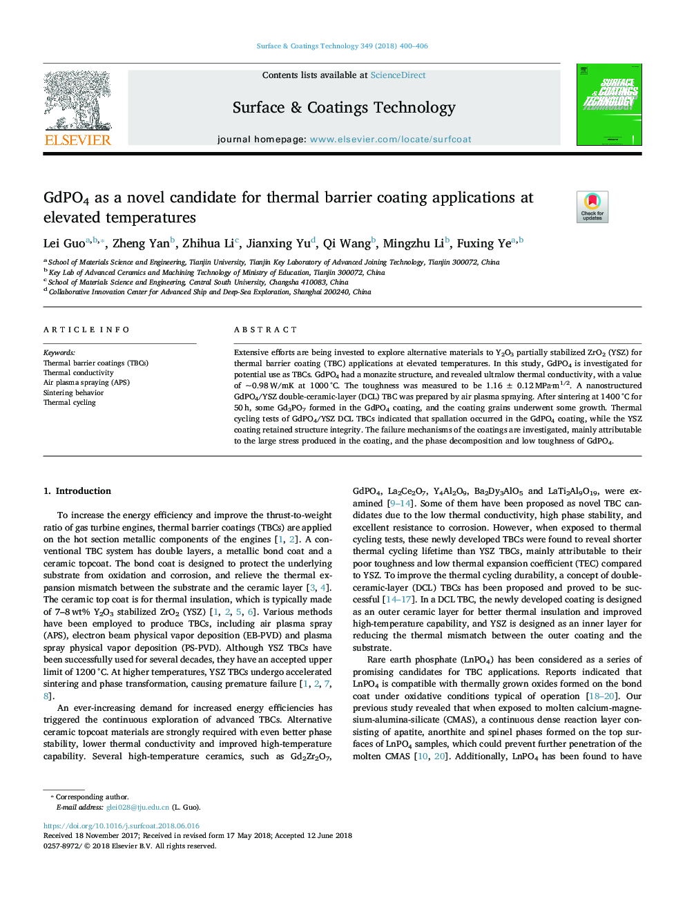 GdPO4 as a novel candidate for thermal barrier coating applications at elevated temperatures