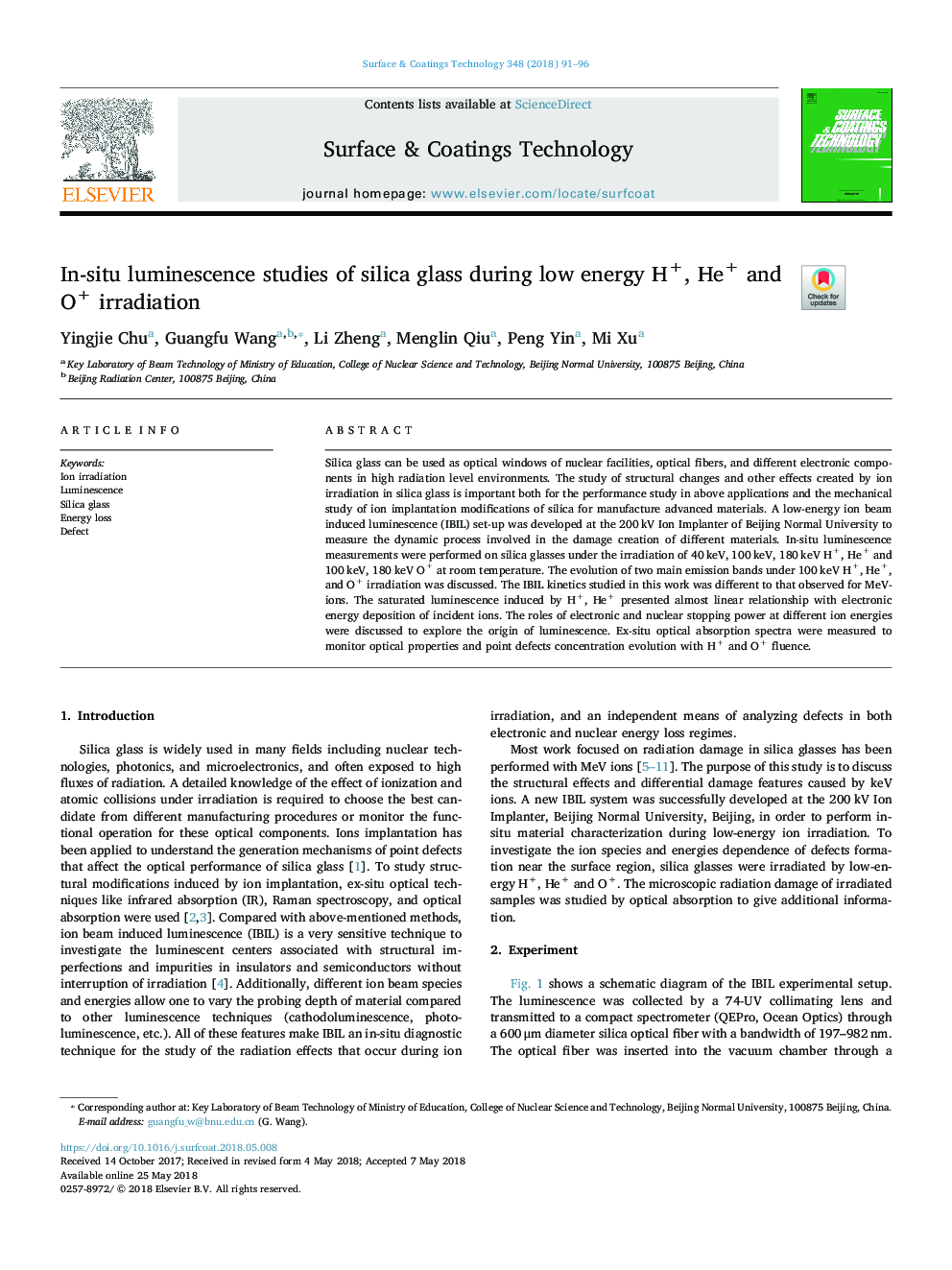 In-situ luminescence studies of silica glass during low energy H+, He+ and O+ irradiation