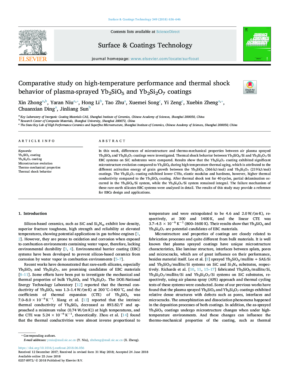 Comparative study on high-temperature performance and thermal shock behavior of plasma-sprayed Yb2SiO5 and Yb2Si2O7 coatings