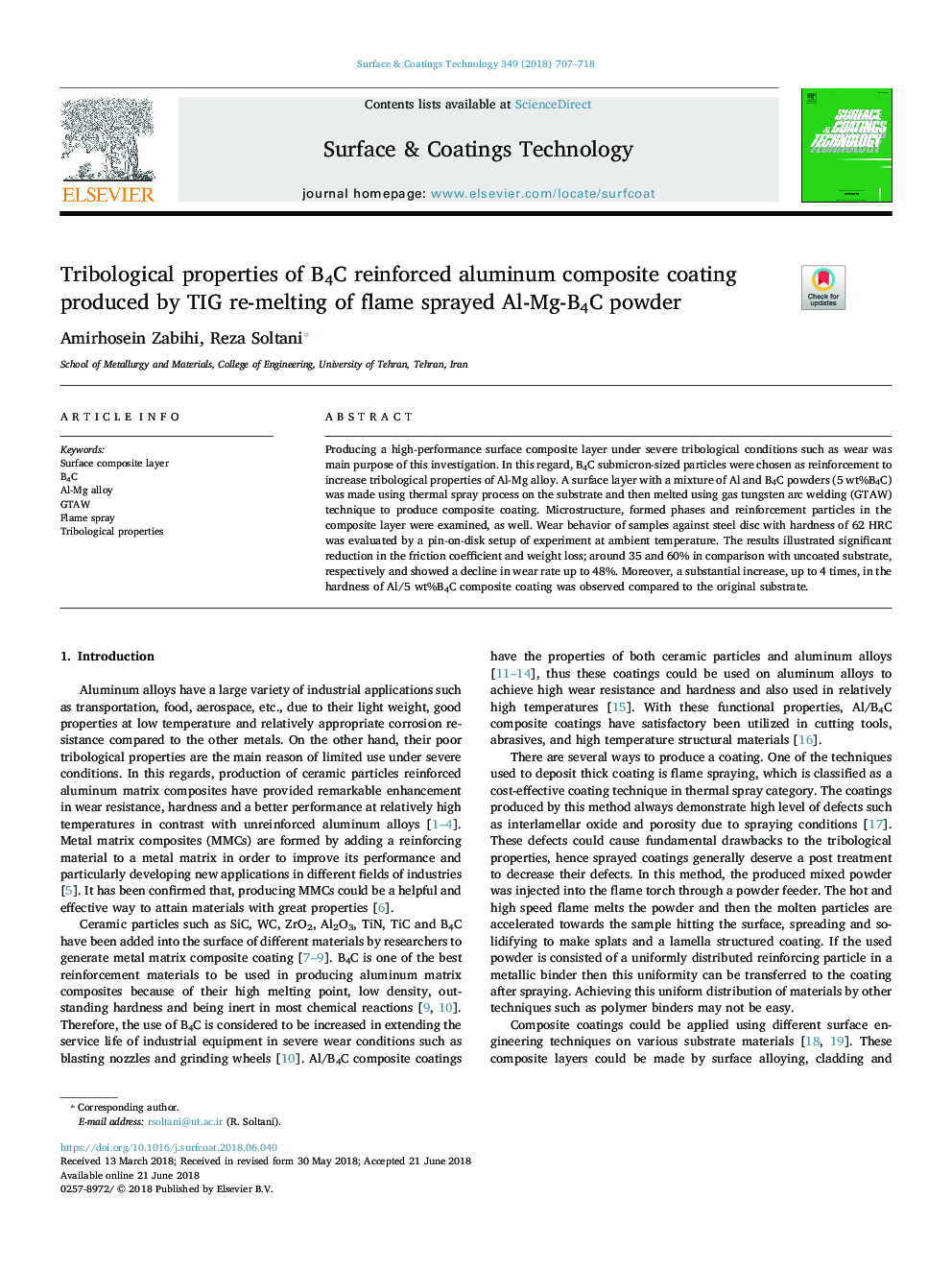 Tribological properties of B4C reinforced aluminum composite coating produced by TIG re-melting of flame sprayed Al-Mg-B4C powder