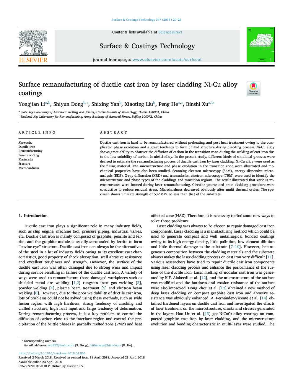 Surface remanufacturing of ductile cast iron by laser cladding Ni-Cu alloy coatings
