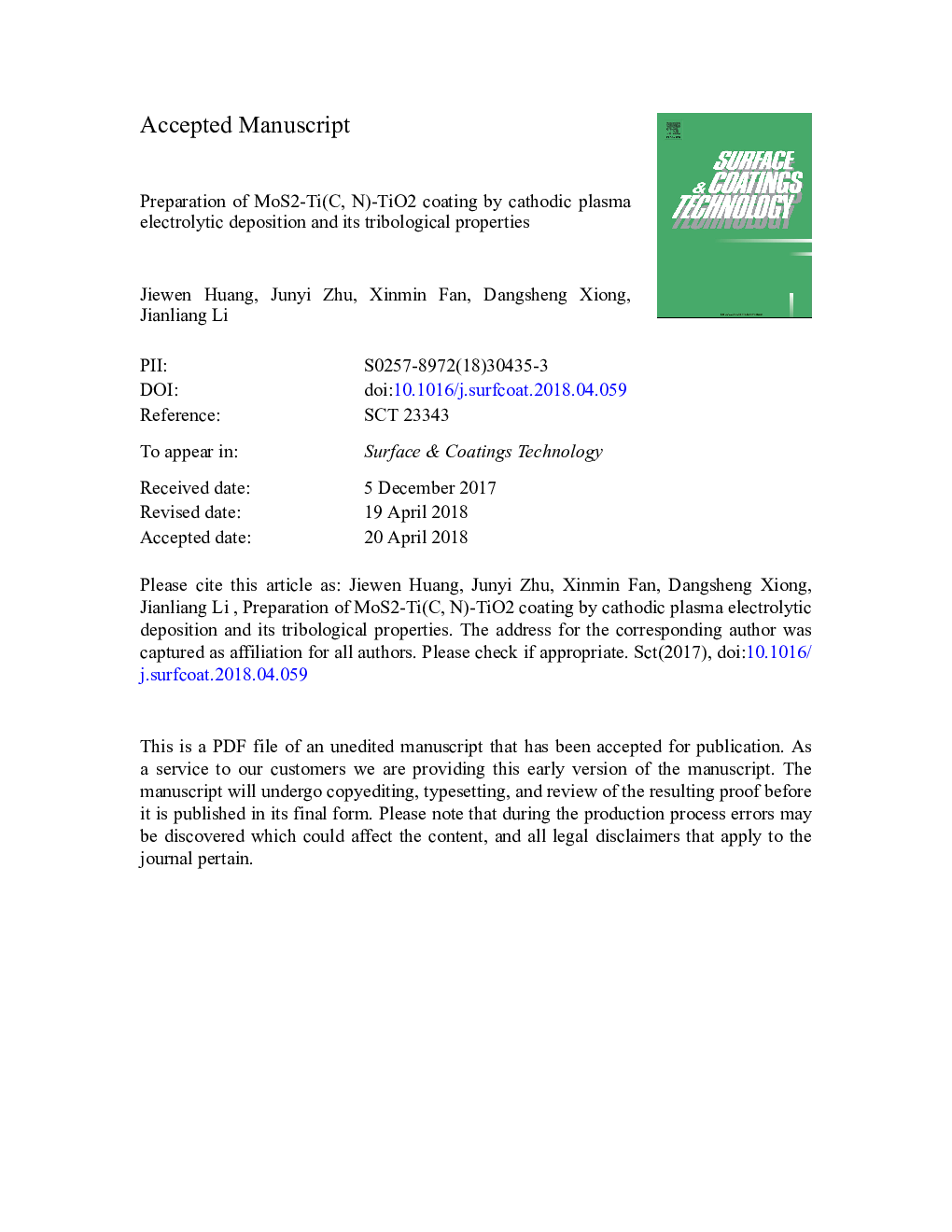 Preparation of MoS2-Ti(C, N)-TiO2 coating by cathodic plasma electrolytic deposition and its tribological properties