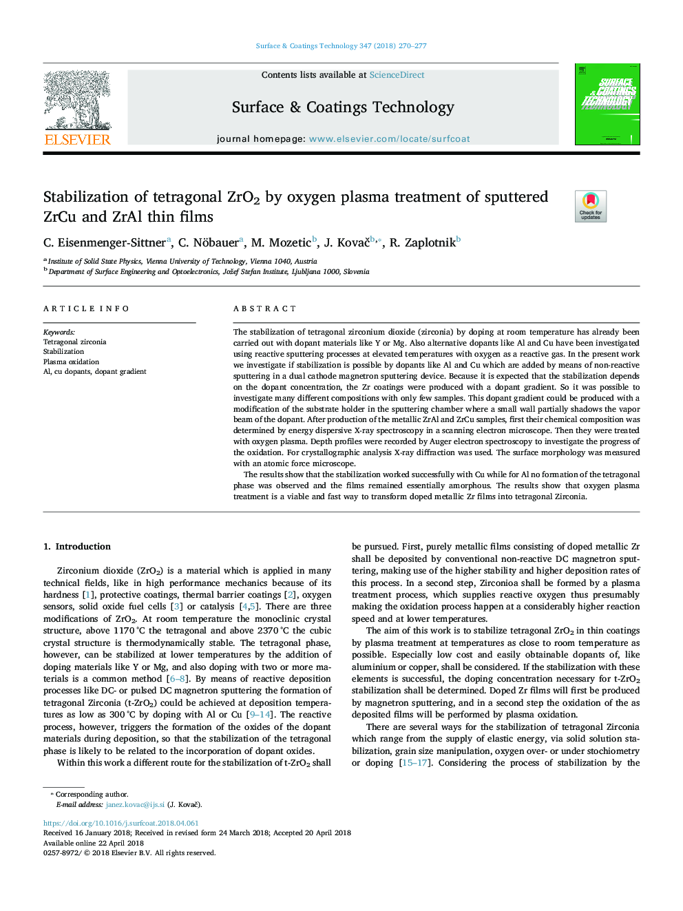 Stabilization of tetragonal ZrO2 by oxygen plasma treatment of sputtered ZrCu and ZrAl thin films