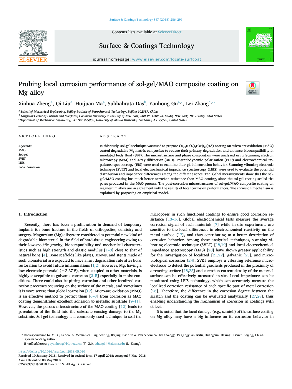 Probing local corrosion performance of sol-gel/MAO composite coating on Mg alloy