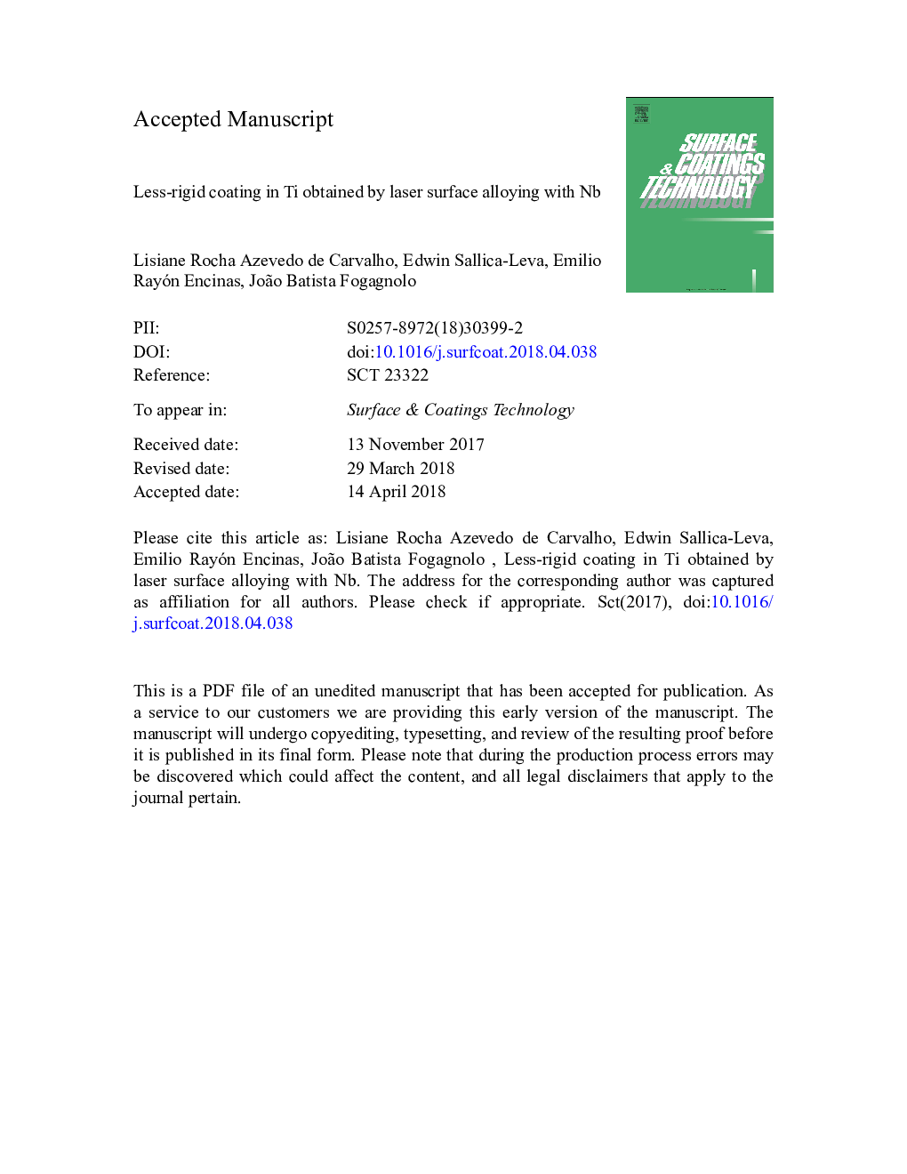 Less-rigid coating in Ti obtained by laser surface alloying with Nb