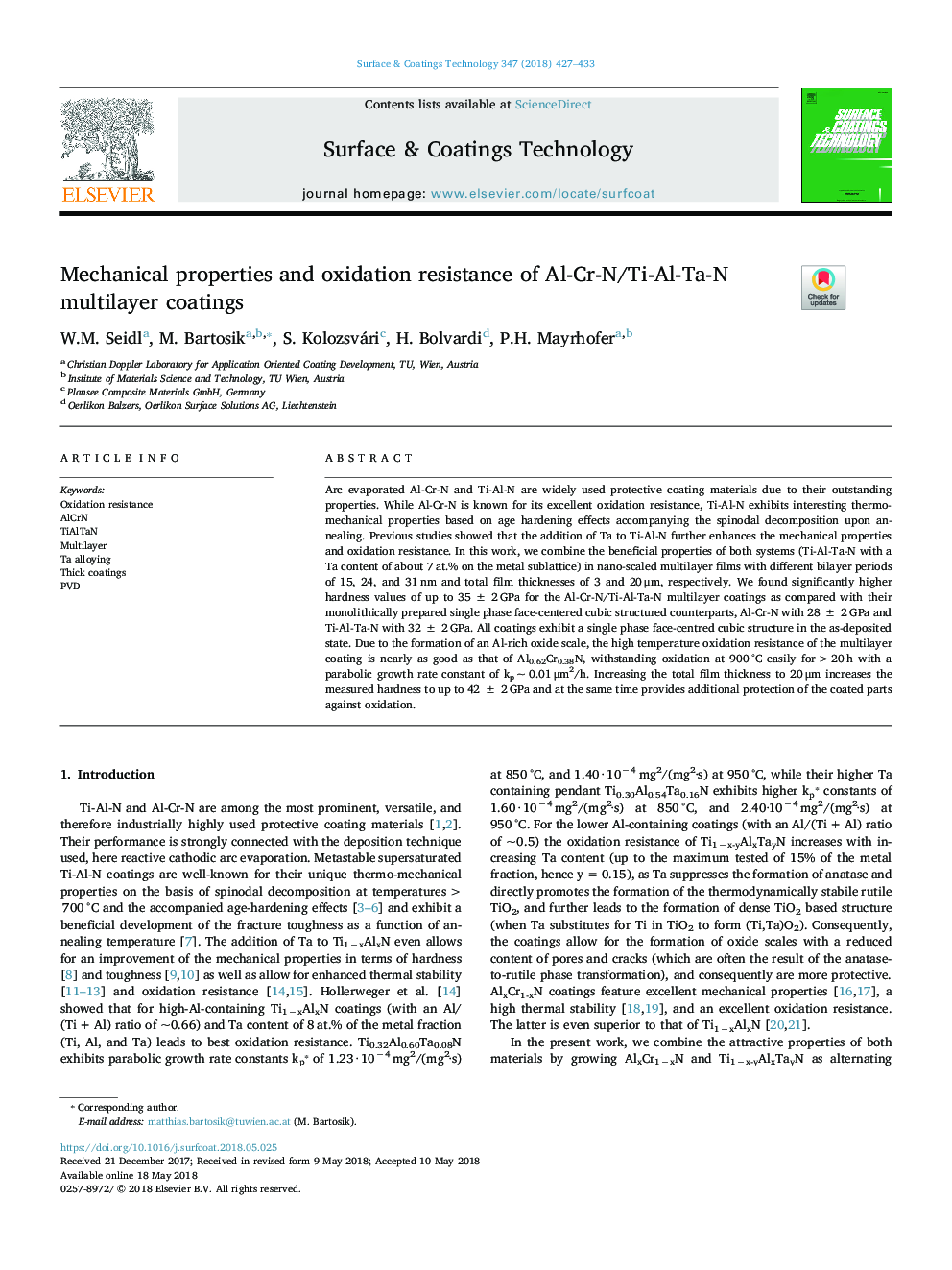 Mechanical properties and oxidation resistance of Al-Cr-N/Ti-Al-Ta-N multilayer coatings