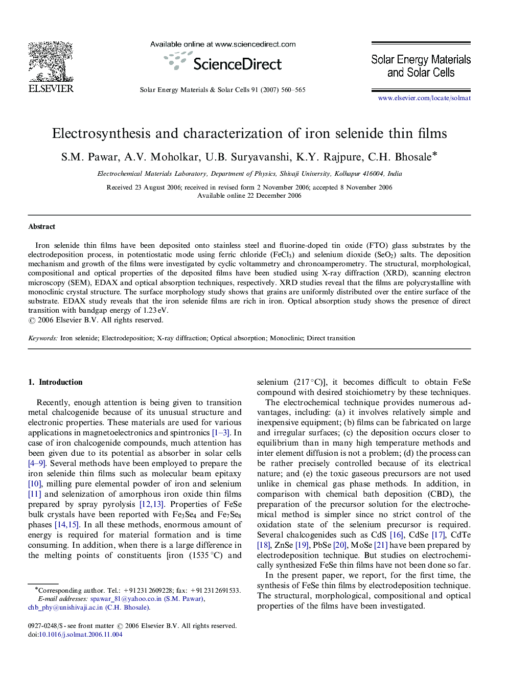 Electrosynthesis and characterization of iron selenide thin films