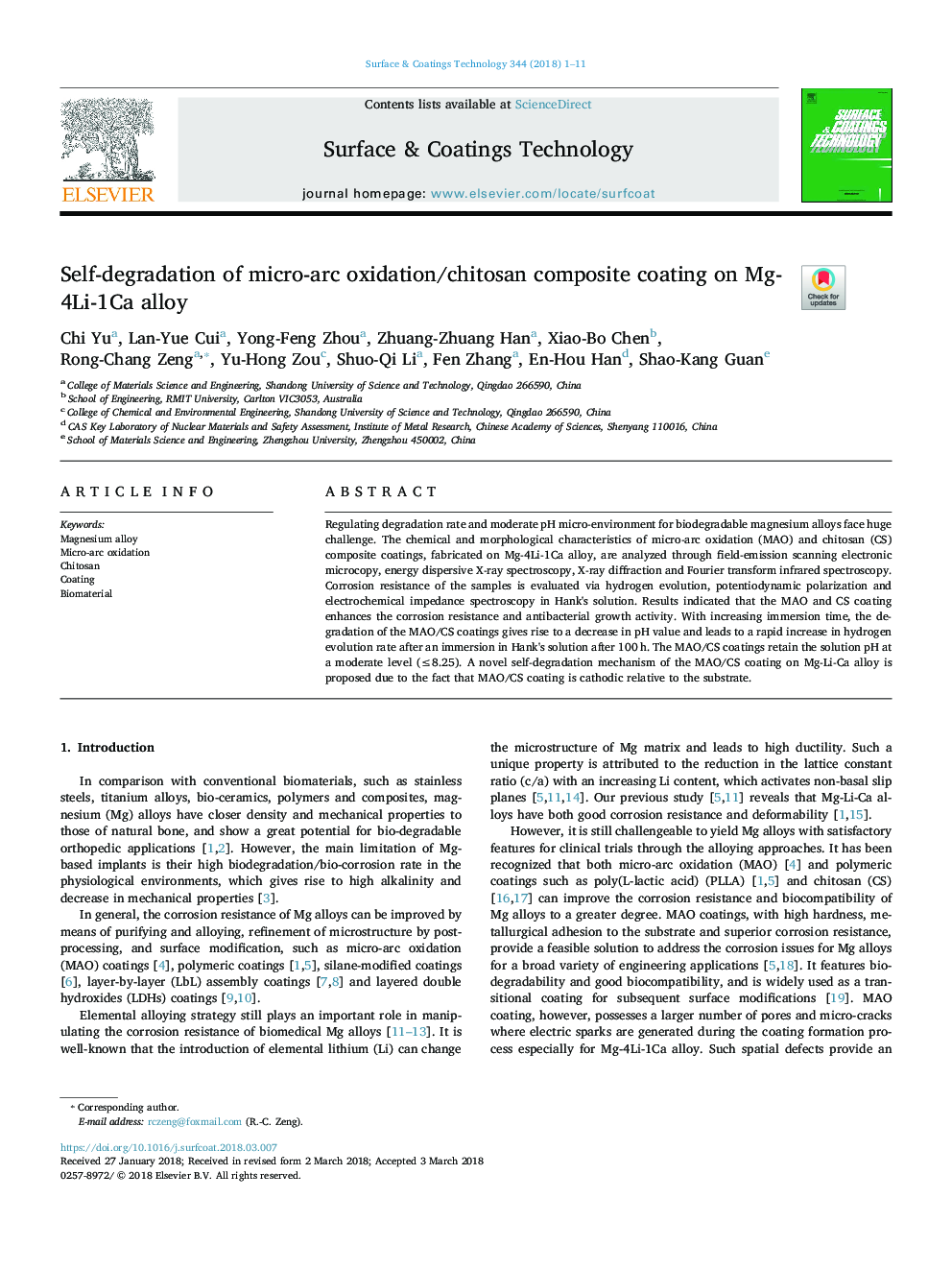 عکس صفحه اول مقاله: Self-degradation of micro-arc oxidation/chitosan composite coating on Mg-4Li-1Ca alloy Self-degradation of micro-arc oxidation/chitosan composite coating on Mg-4Li-1Ca alloy