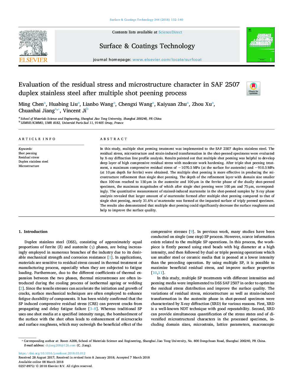 Evaluation of the residual stress and microstructure character in SAF 2507 duplex stainless steel after multiple shot peening process