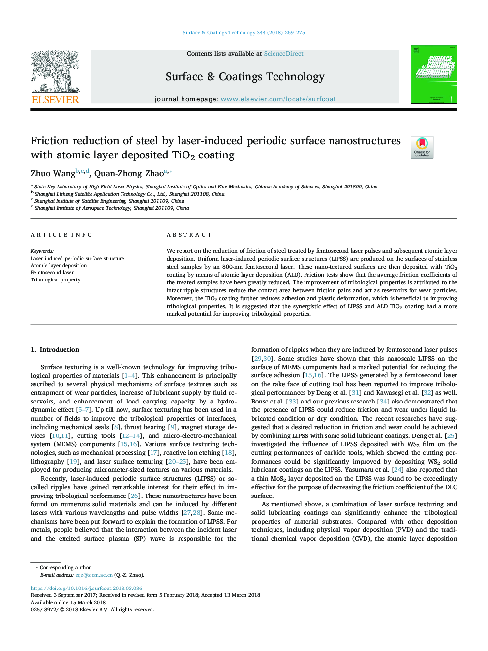 Friction reduction of steel by laser-induced periodic surface nanostructures with atomic layer deposited TiO2 coating