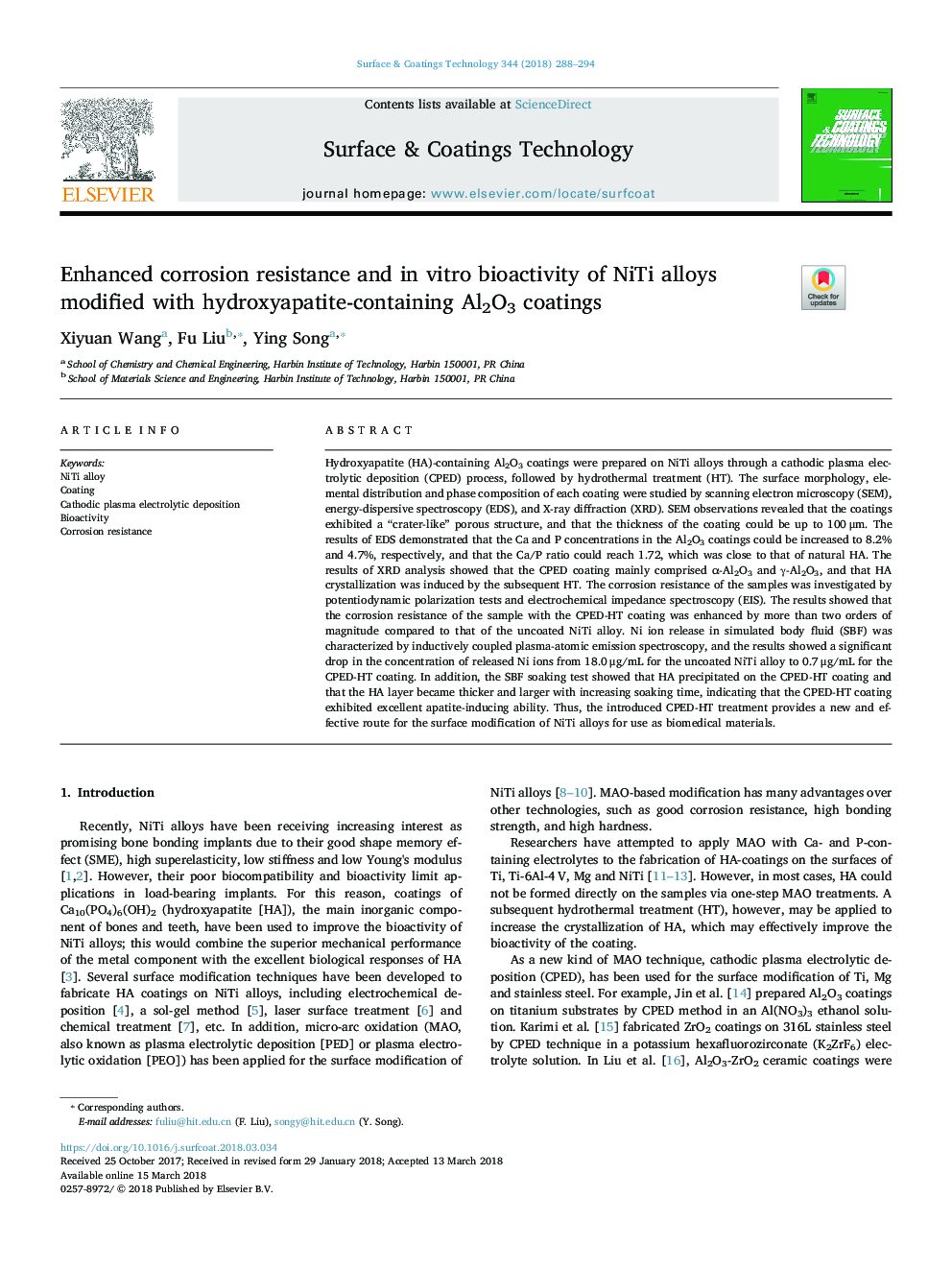 Enhanced corrosion resistance and in vitro bioactivity of NiTi alloys modified with hydroxyapatite-containing Al2O3 coatings