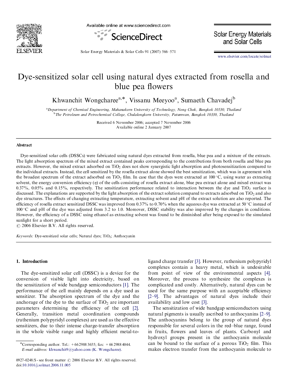 Dye-sensitized solar cell using natural dyes extracted from rosella and blue pea flowers