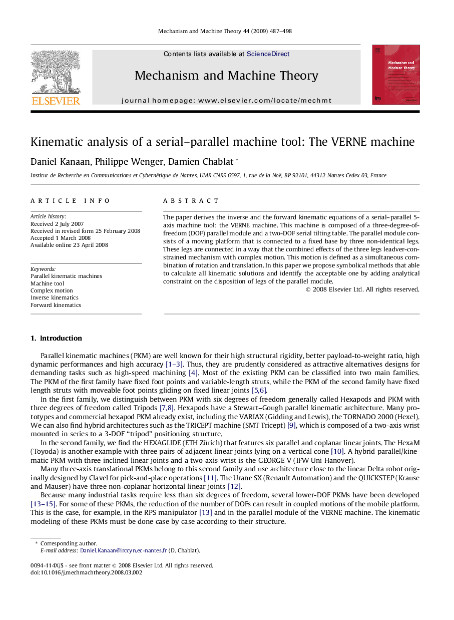 Kinematic analysis of a serial–parallel machine tool: The VERNE machine