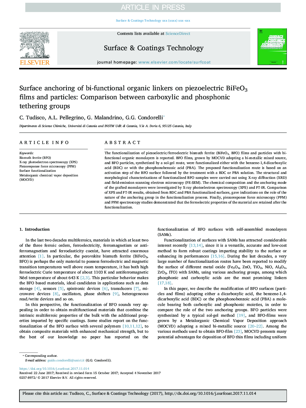 Surface anchoring of bi-functional organic linkers on piezoelectric BiFeO3 films and particles: Comparison between carboxylic and phosphonic tethering groups