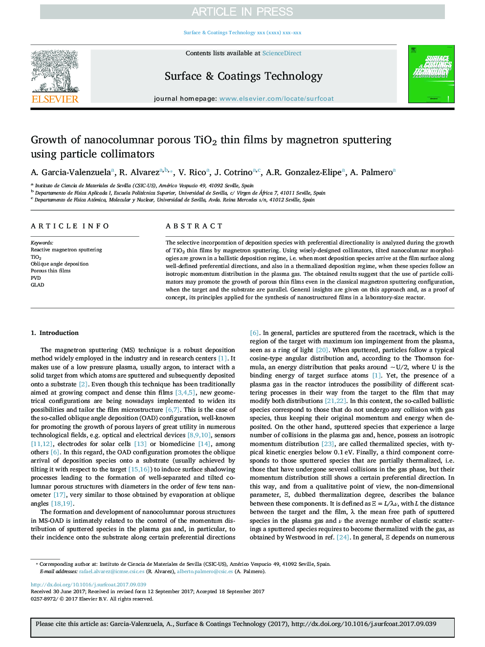 Growth of nanocolumnar porous TiO2 thin films by magnetron sputtering using particle collimators