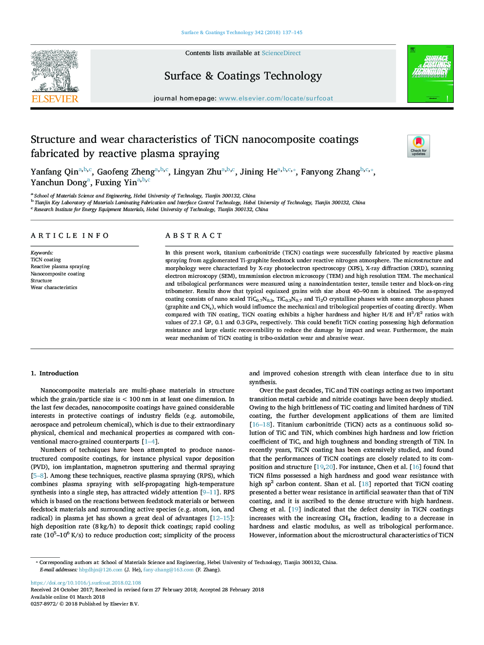 Structure and wear characteristics of TiCN nanocomposite coatings fabricated by reactive plasma spraying