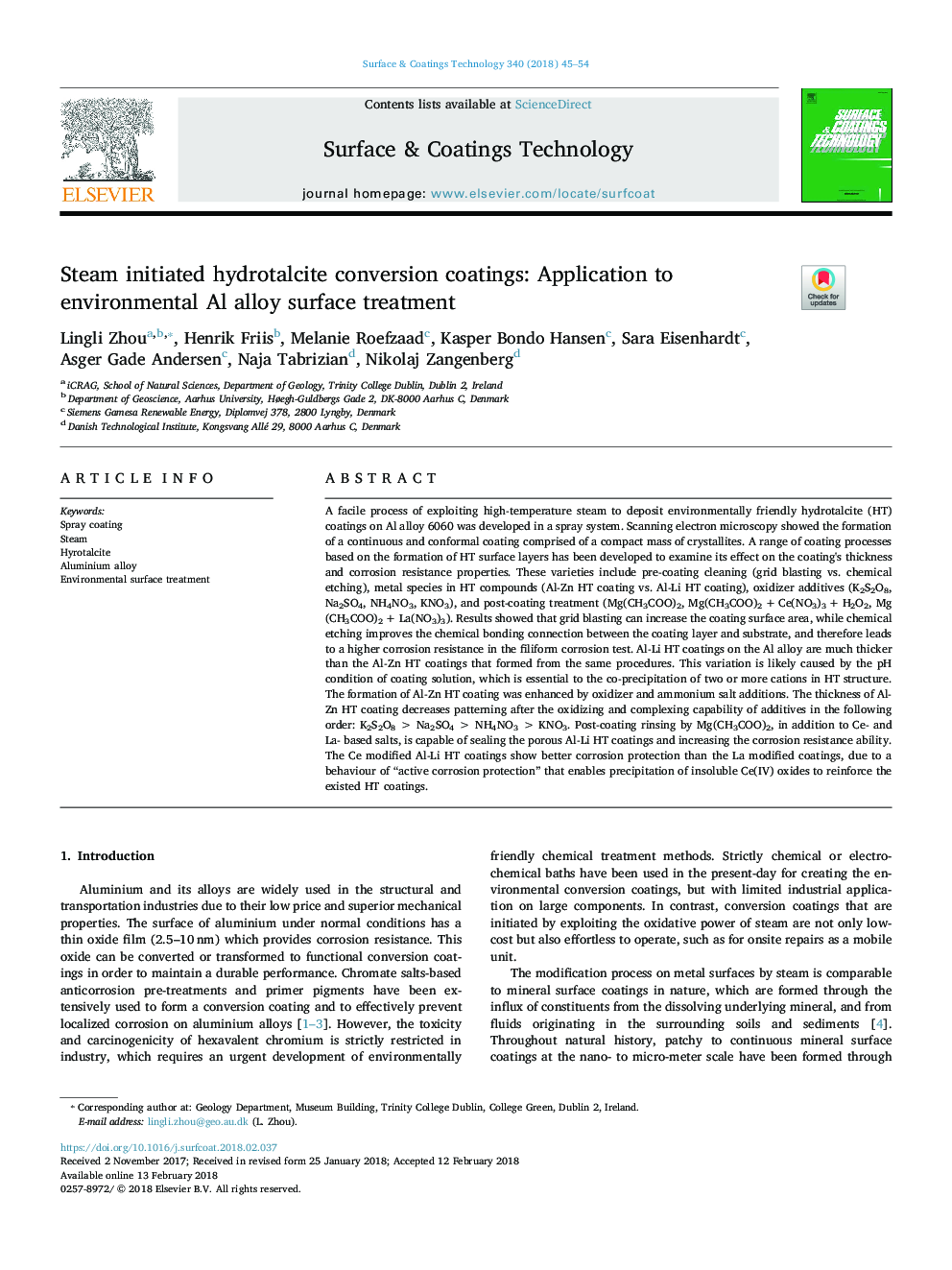 Steam initiated hydrotalcite conversion coatings: Application to environmental Al alloy surface treatment