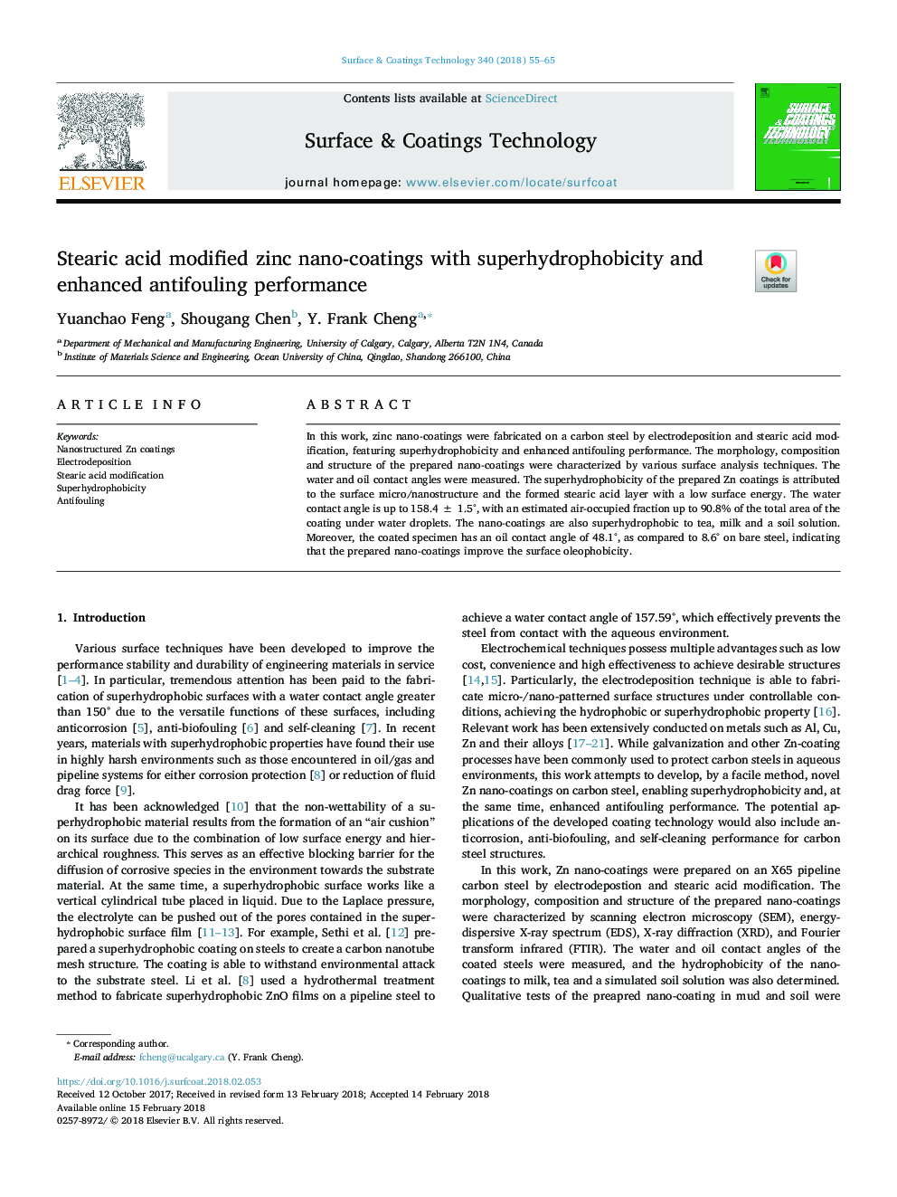 Stearic acid modified zinc nano-coatings with superhydrophobicity and enhanced antifouling performance