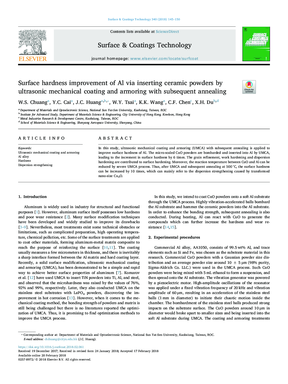 Surface hardness improvement of Al via inserting ceramic powders by ultrasonic mechanical coating and armoring with subsequent annealing