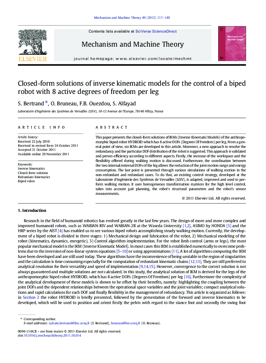 Closed-form solutions of inverse kinematic models for the control of a biped robot with 8 active degrees of freedom per leg