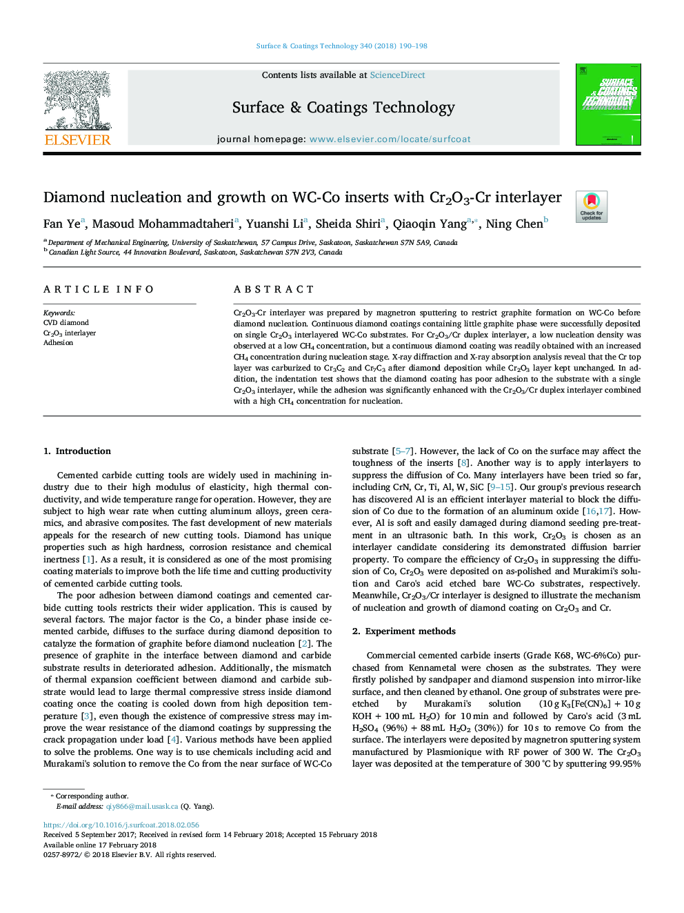 Diamond nucleation and growth on WC-Co inserts with Cr2O3-Cr interlayer