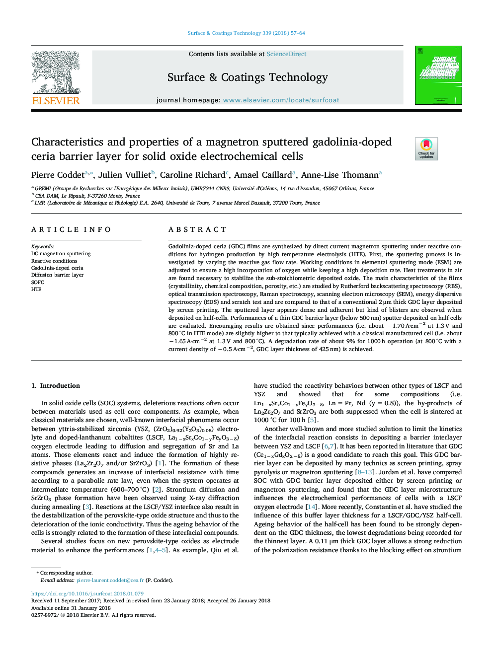 Characteristics and properties of a magnetron sputtered gadolinia-doped ceria barrier layer for solid oxide electrochemical cells