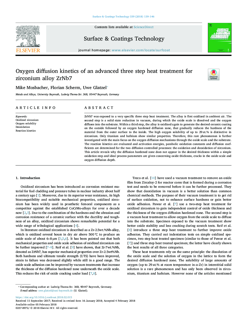 Oxygen diffusion kinetics of an advanced three step heat treatment for zirconium alloy ZrNb7