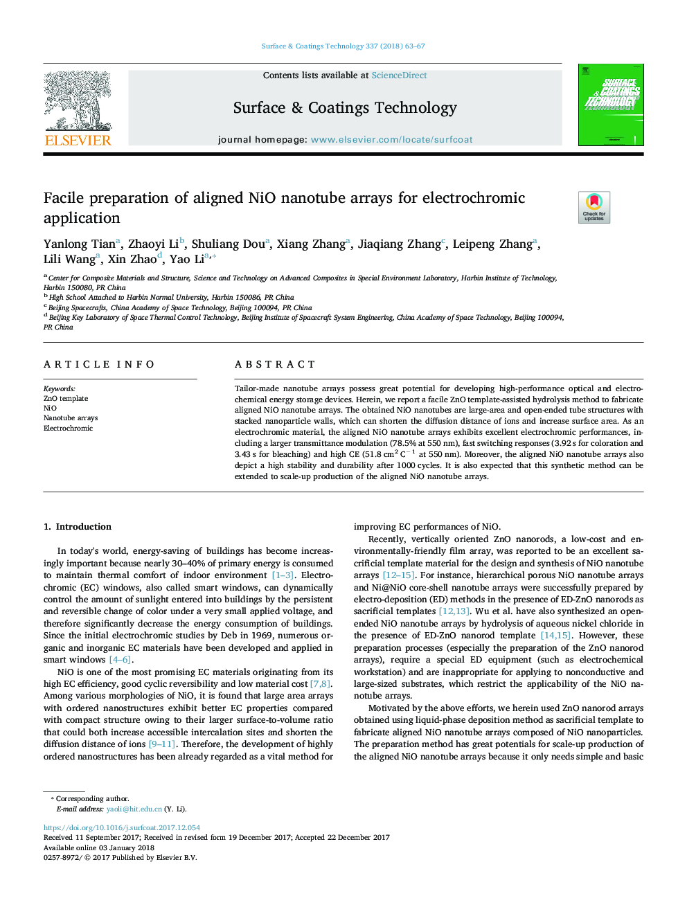 Facile preparation of aligned NiO nanotube arrays for electrochromic application