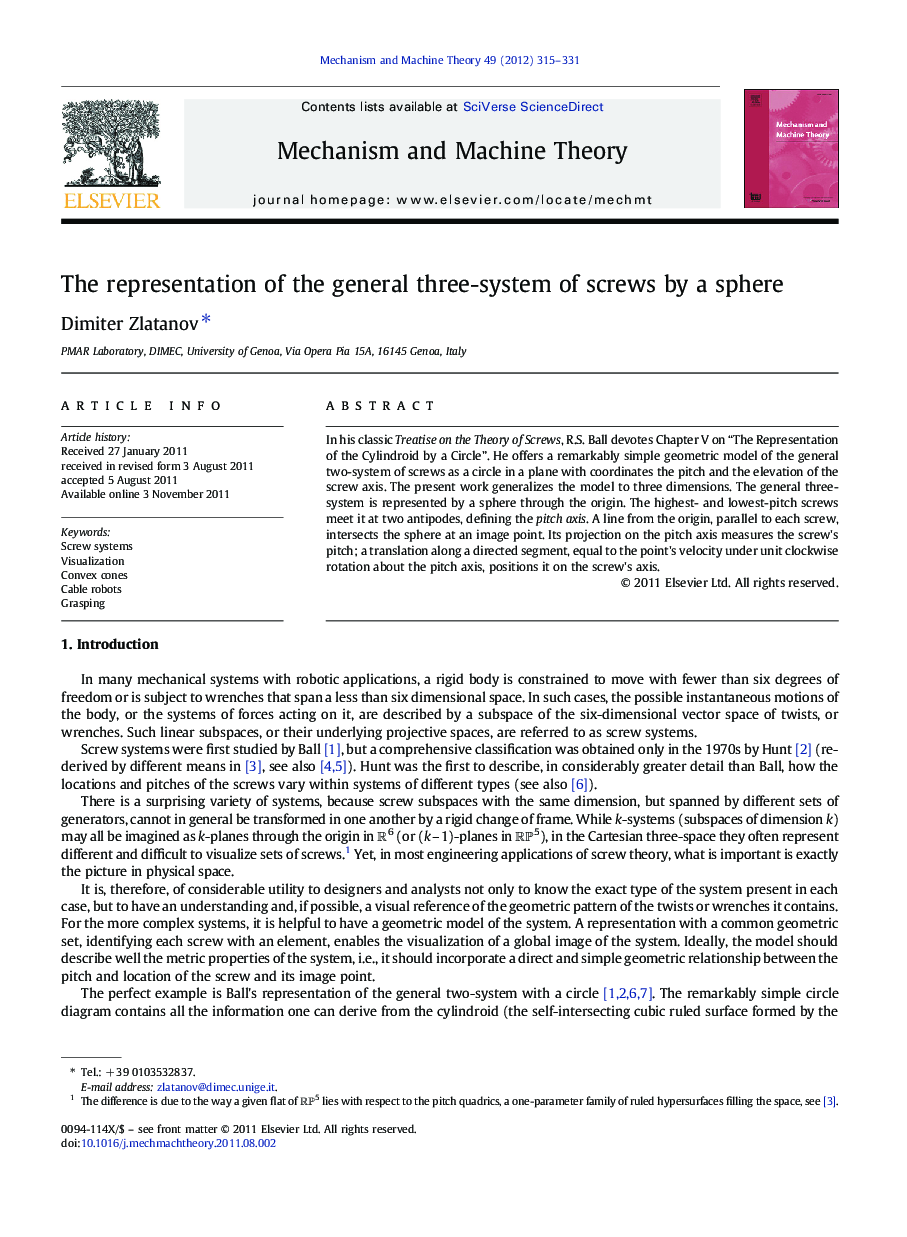 The representation of the general three-system of screws by a sphere