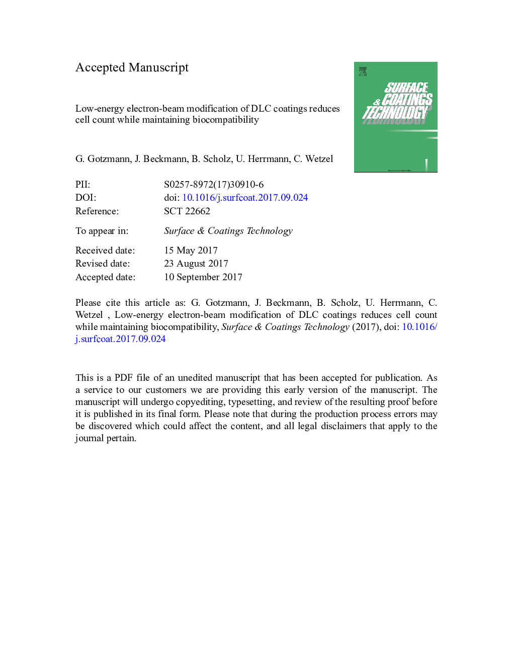 عکس صفحه اول مقاله: Low-energy electron-beam modification of DLC coatings reduces cell count while maintaining biocompatibility Low-energy electron-beam modification of DLC coatings reduces cell count while maintaining biocompatibility