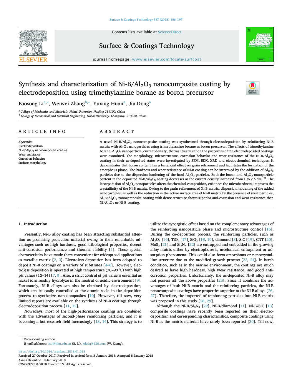 Synthesis and characterization of Ni-B/Al2O3 nanocomposite coating by electrodeposition using trimethylamine borane as boron precursor