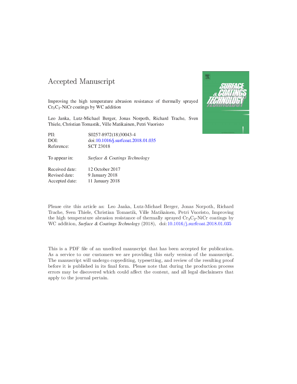 Improving the high temperature abrasion resistance of thermally sprayed Cr3C2-NiCr coatings by WC addition