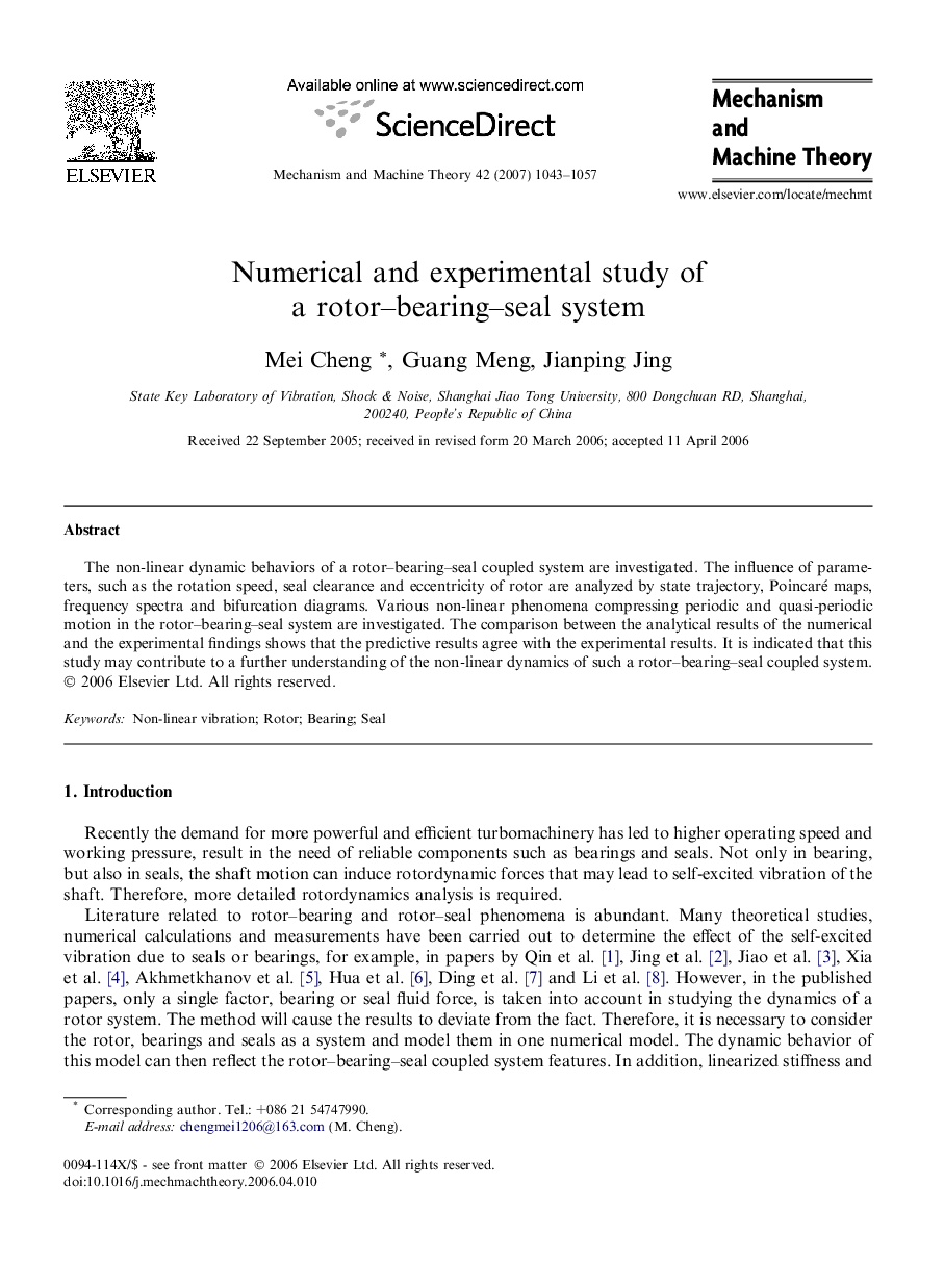 عکس صفحه اول مقاله: Numerical and experimental study of a rotor–bearing–seal system Numerical and experimental study of a rotor–bearing–seal system