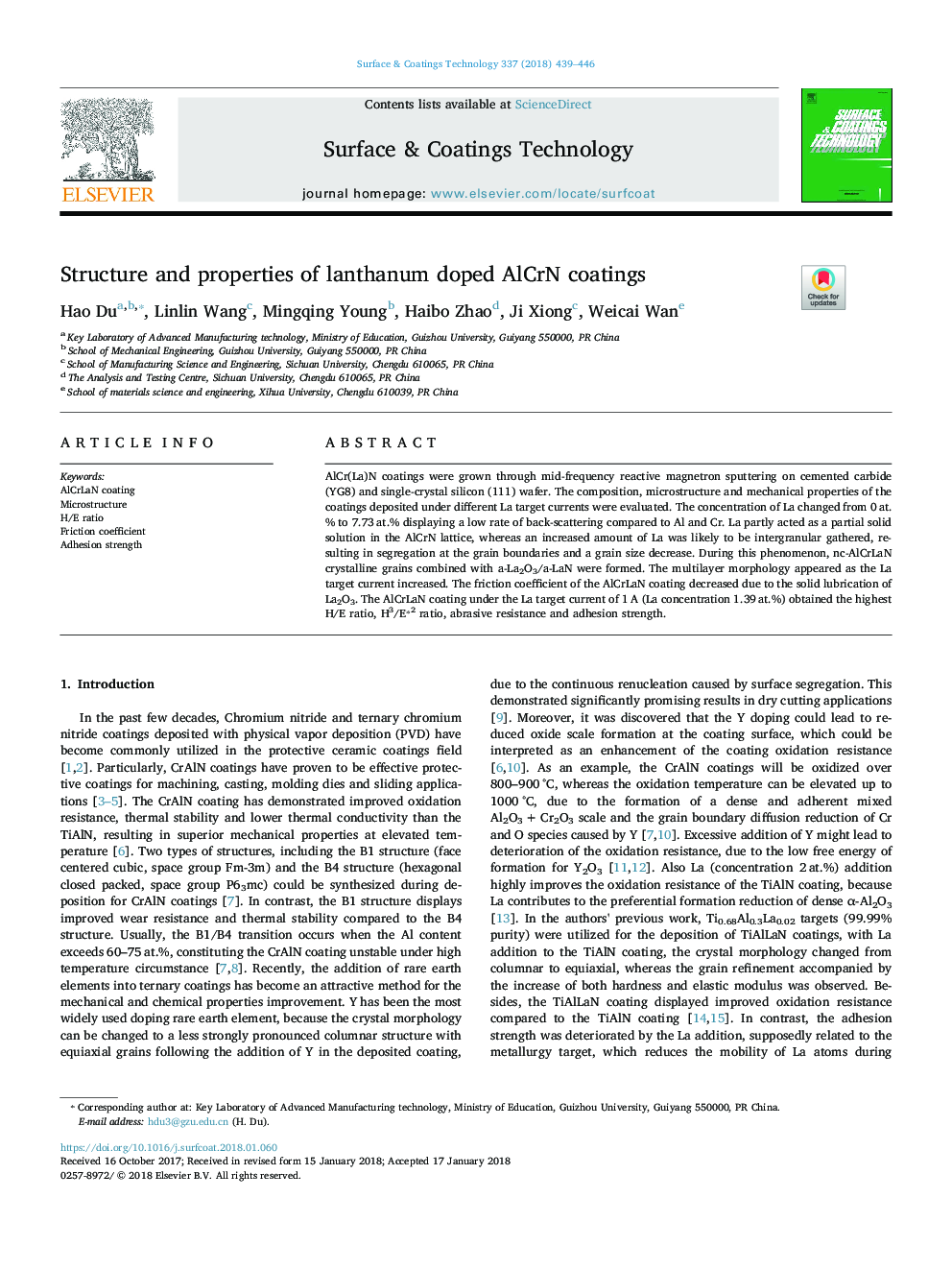 Structure and properties of lanthanum doped AlCrN coatings