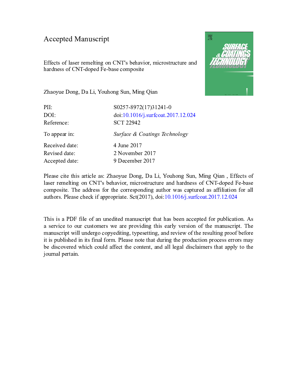 عکس صفحه اول مقاله: Effects of laser remelting on CNT's behavior, microstructure and hardness of CNT-doped Fe-base composite Effects of laser remelting on CNT's behavior, microstructure and hardness of CNT-doped Fe-base composite