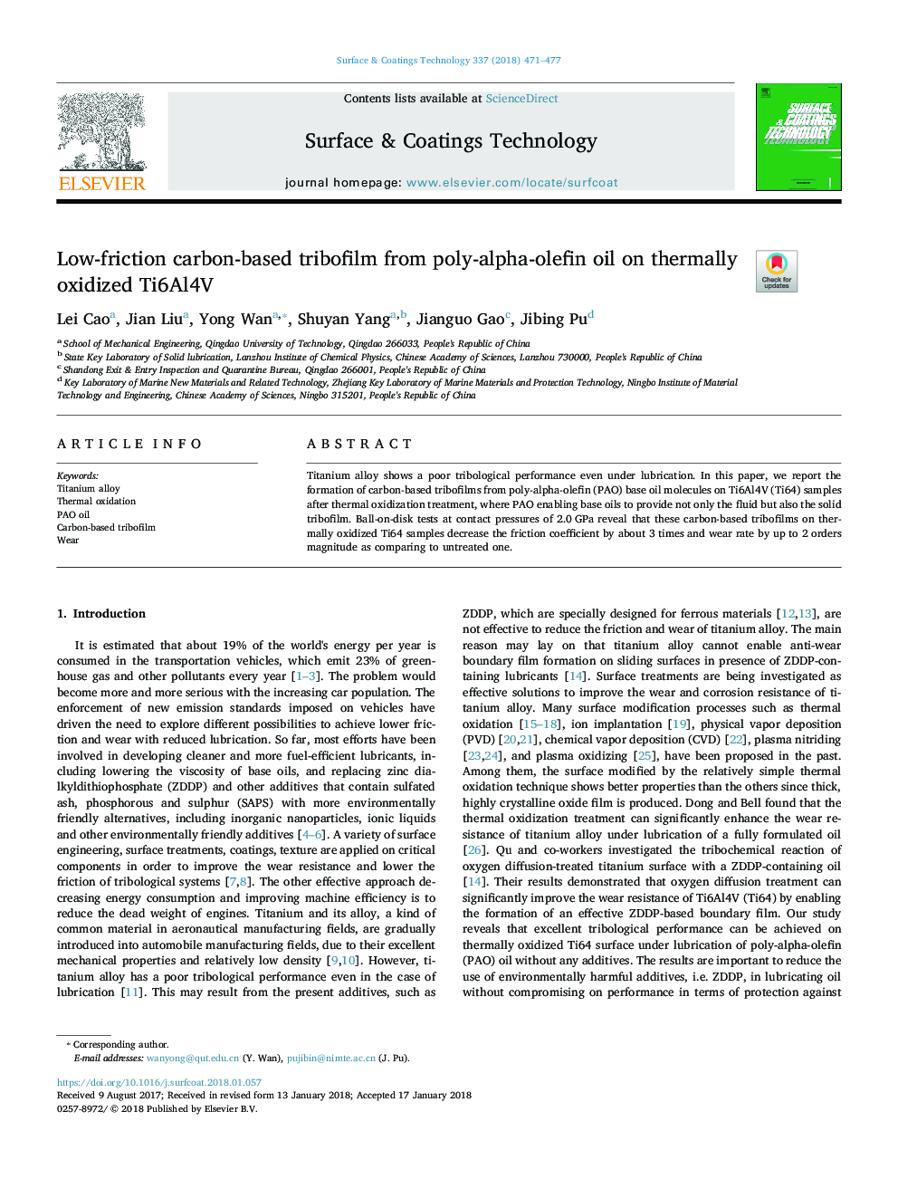 Low-friction carbon-based tribofilm from poly-alpha-olefin oil on thermally oxidized Ti6Al4V