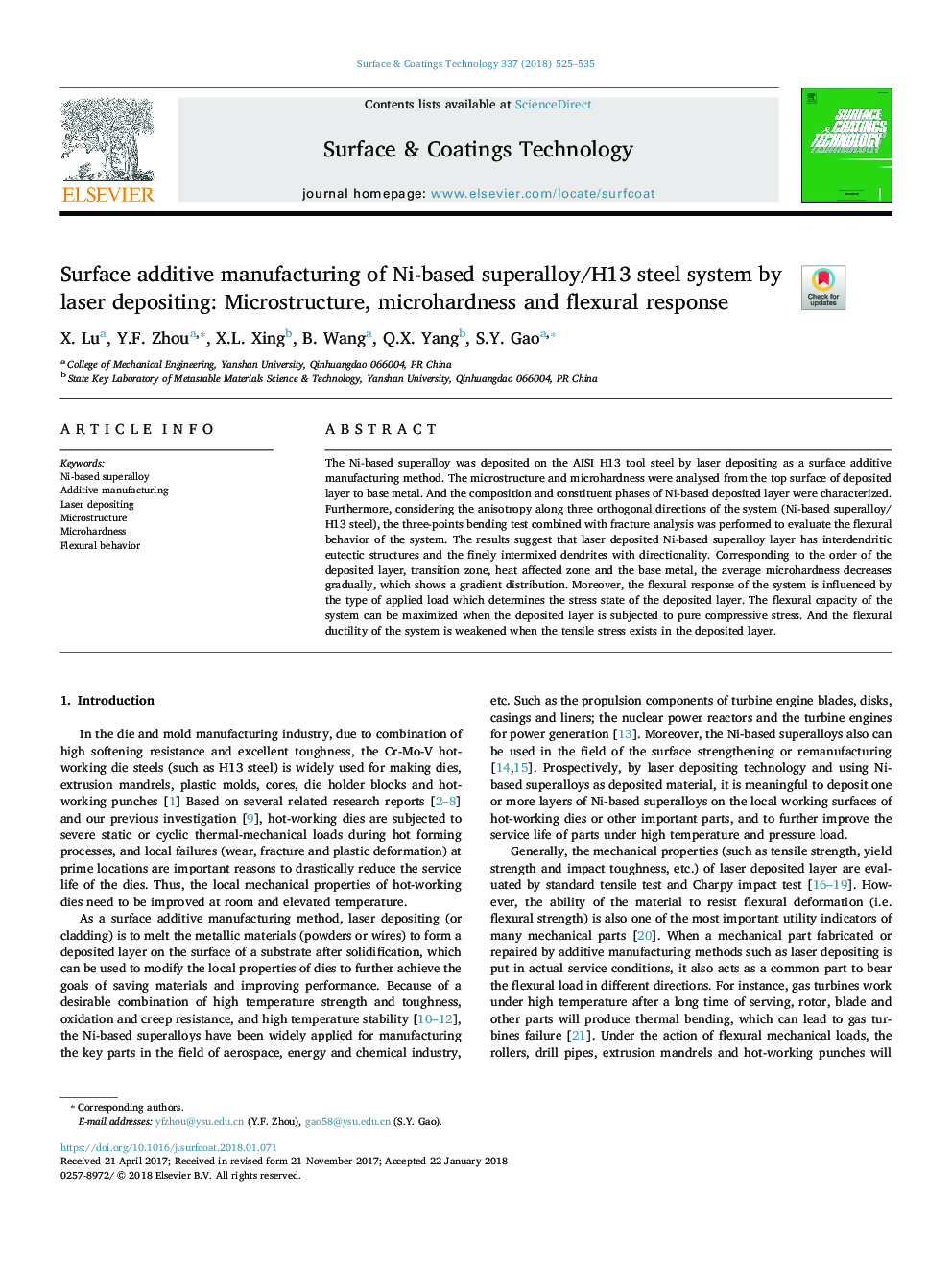 Surface additive manufacturing of Ni-based superalloy/H13 steel system by laser depositing: Microstructure, microhardness and flexural response