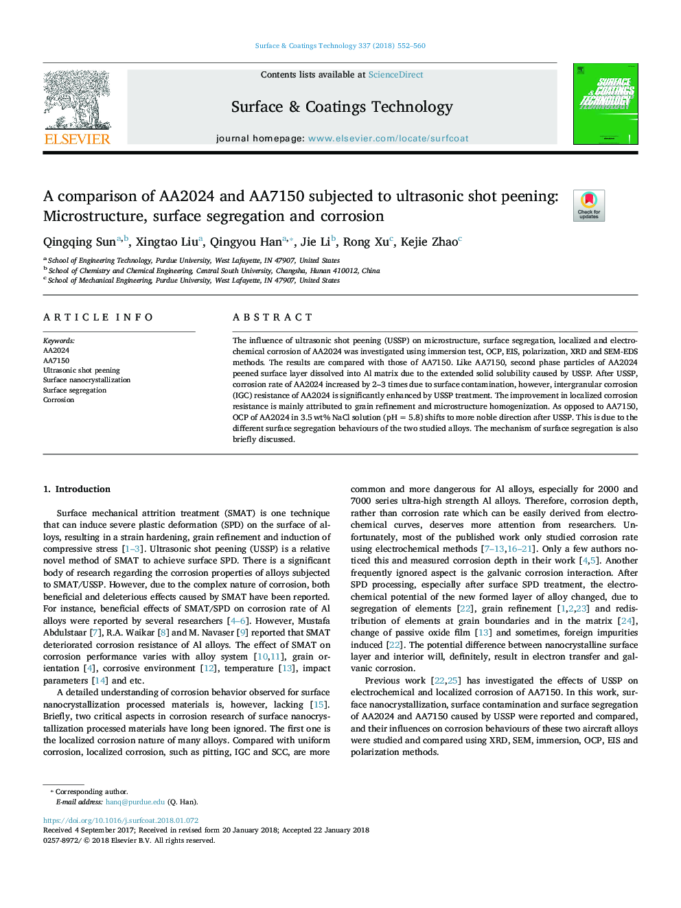 A comparison of AA2024 and AA7150 subjected to ultrasonic shot peening: Microstructure, surface segregation and corrosion