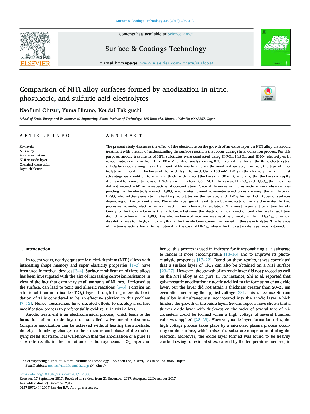 Comparison of NiTi alloy surfaces formed by anodization in nitric, phosphoric, and sulfuric acid electrolytes