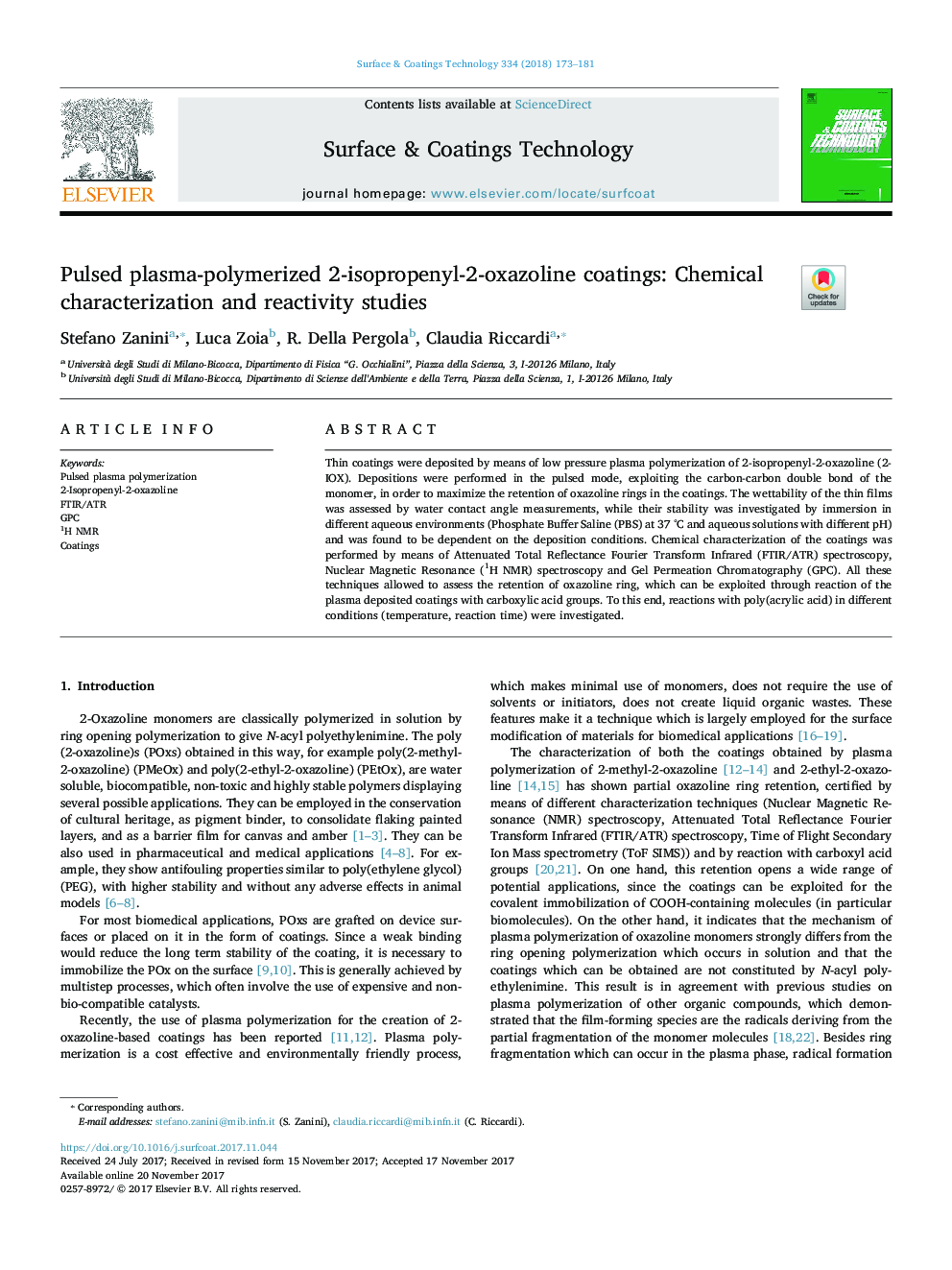 پوشش های 2-ایسپروپنییل-2-اکسازولین پلیمریزاسیون پالس شده: مطالعات شیمیایی و مطالعات واکنش پذیری 