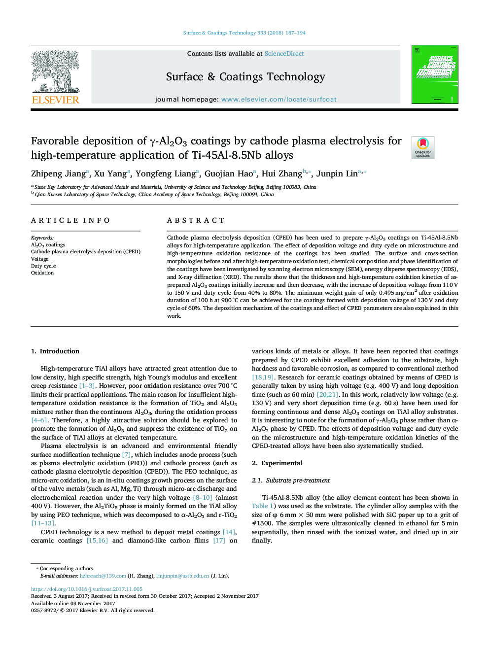 Favorable deposition of Î³-Al2O3 coatings by cathode plasma electrolysis for high-temperature application of Ti-45Al-8.5Nb alloys